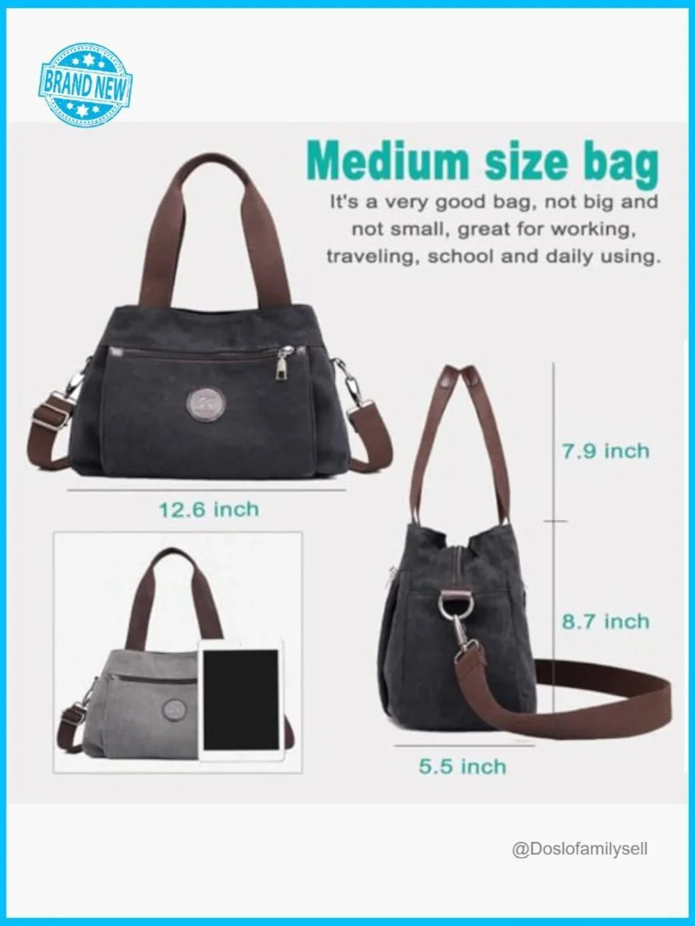 Canvas Hobo Handbag Multi Compartment Tote Satchel Crossbody Shoulder Bag